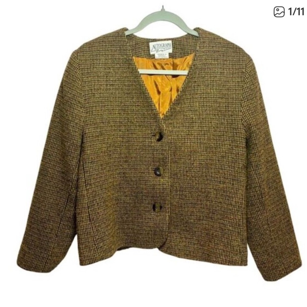 AUTOGRAPH American Clothing Women 13/14 Brown Plaid Tweed Blazer Jacket Lined